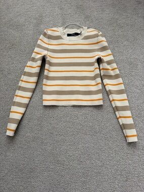 Vero Moda Striped Ribbed Long Sleeve Top in Cream, Taupe & Yellow